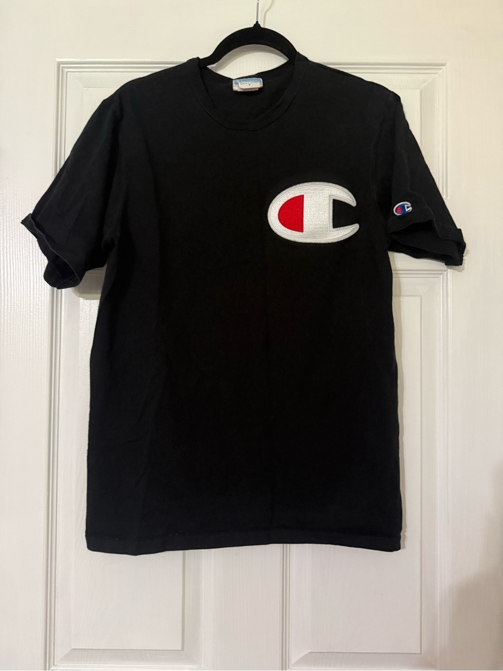 Champion Black Tee with White and Red Tag Detail